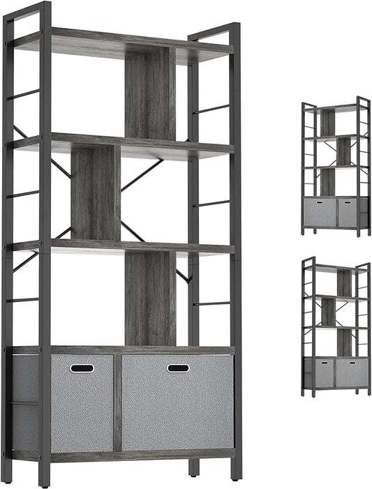 Armocity Bookshelf with Drawers - 5 Tier Tall Bookcase Geometric Modern Book Shelf Display Standing Bookshelves with Storage for Living Room, Bedroom Home Office, Grey Oak