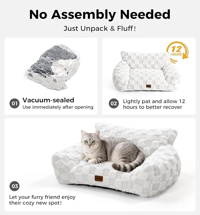 Made4Pets Cat and Dog Indoor Couch Bed, Soft Faux Fur Checkered Pet Sofa, Cozy Fluffy Pet Sofa with Supportive Foam, Removable Washable Cover with Non-Slip Base, Sage Green, Medium