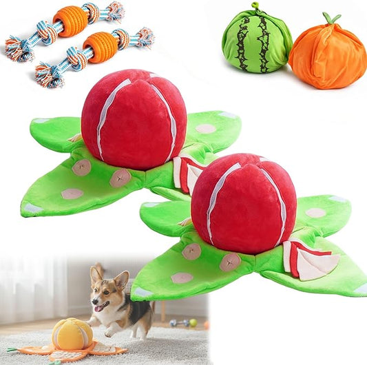 Orange Hide-and-Seek Plush Dog Toy, Watermelon Dogs Toy, 3 in 1 Interactive Snuffle Puzzle Dog Toys with Crinkle Papers for Small Medium Dogs Nosework Enrichment for Boredom Relief (2PCSC)