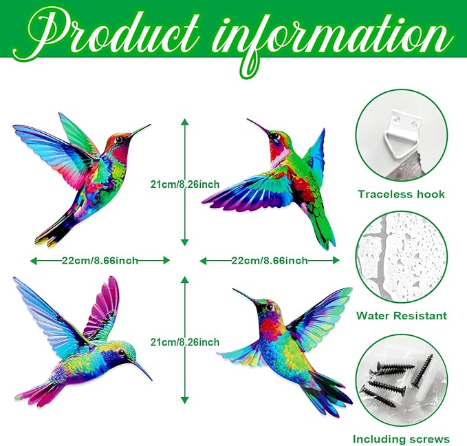 4 Pcs Metal Wall Art, Wall Decor for Bedroom, Rustic Hummingbirds Hanging Decorations for Garden Living Room Balcony Patio Fence Indoor Outdoor, 8.66L x 8.26W