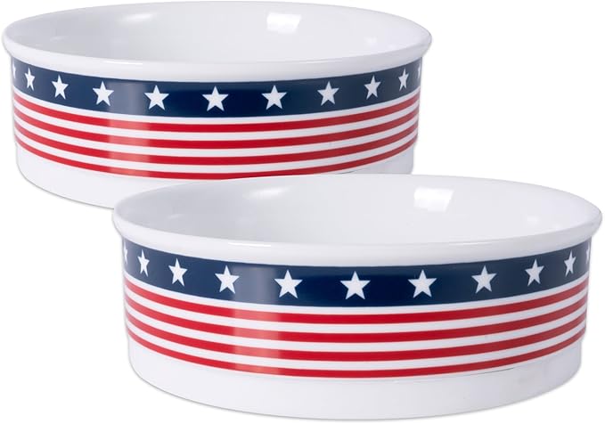 Bone Dry Ceramic Food & Water Bowls for Pets Non-Slip for Secure, Less Messy Feeding, Microwave & Dishwasher Safe, Large Set, 7.5x2.4", Stars and Stripes, 2 Count