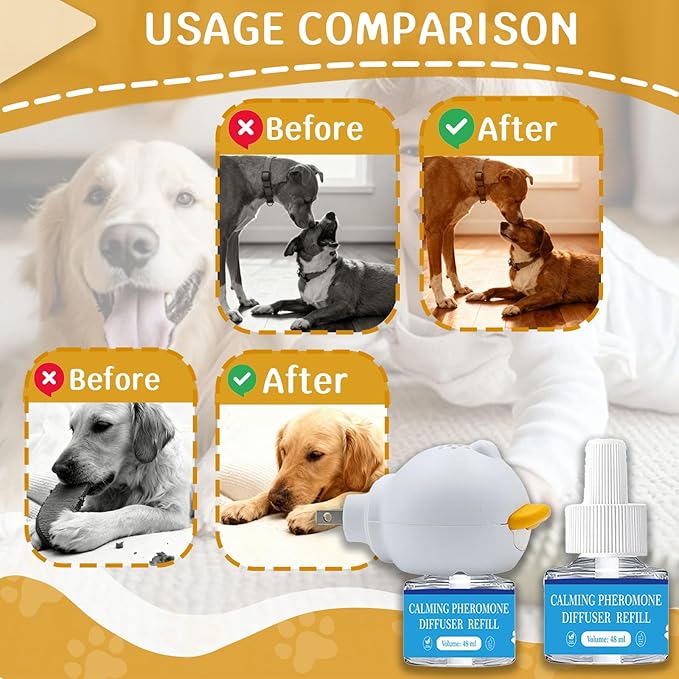 Dog Calming Diffuser,Dog Pheromones Calming Diffuser, 3 in1 Appeasing Pet Pheromone Diffuser to Calm Kit (1 Plugin+2x48ml Refills) for Anxiety Relief Reduce Barking Aggression (Tasteless)