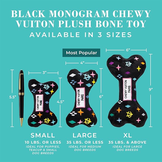 Haute Diggity Dog Black Monogram Chewy Vuiton Bone, Plush Designer Dog Toys with Interactive Squeaker, Stimulating Pet Enrichment, Machine-Washable & Safe Materials for All Breeds, Size XL