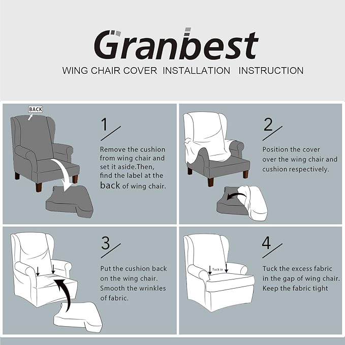 Granbest Premium Water Repellent Wingback Chair Cover 2-Piece High Stretch Jacquard Fabric Wing Back Chair Slipcovers (Wing Chair Cover, Light Gray)