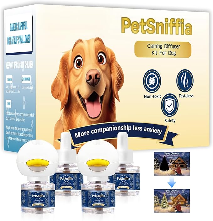 Adanced Dog Calming Diffuser, Calming Pheromones Diffuser Kit Appeasing Pheromone Diffuser to Calm (2Plug in+4Refill+Interactive GiftCard) for Anxiety Relief Reduce Aggression Fighting Barking Stress
