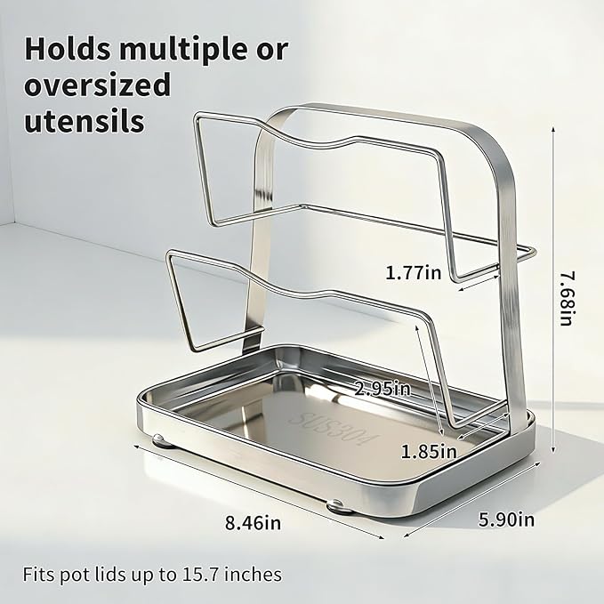 Pot Lid Holder While Cooking, 2 Tier 304 Stainless Steel Pot Lid Organizer with Drip Tray, Kitchen Storage Rack for Stove Top & Countertop, Heavy Duty Lid Holder for Pots and Pans, Silver
