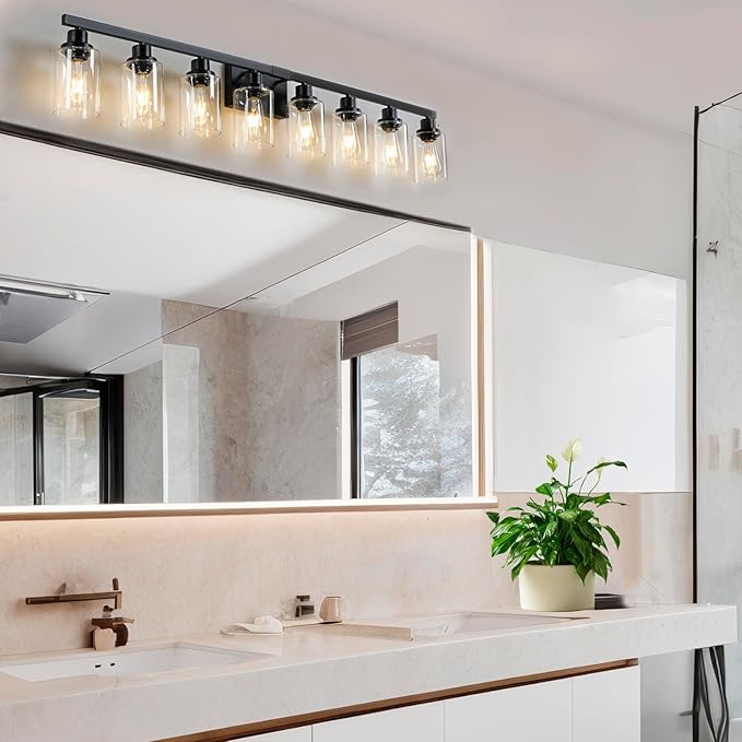 8 Light Bathroom Vanity Lights Over Mirror, 52inch Black Vanity Lights Fixtures Matte Black Modern Vanity Lights Black Bathroom Wall Lighting for Mirror Bedroom,Living Room