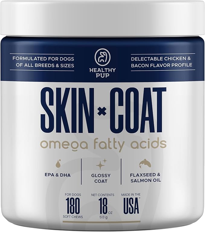 Dog Fish Oil Supplements - 180 Delicious Chew Treats - Omega 3 Rich Salmon Oil, EPA, DHA, Biotin, and Vitamin E for Healthier, Shinier, Skin, Coat and Fur, Helps Skin Allergies