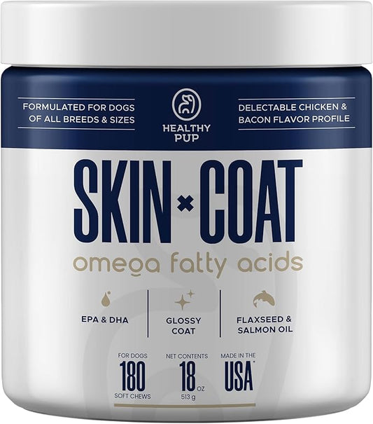 Dog Fish Oil Supplements - 180 Delicious Chew Treats - Omega 3 Rich Salmon Oil, EPA, DHA, Biotin, and Vitamin E for Healthier, Shinier, Skin, Coat and Fur, Helps Skin Allergies