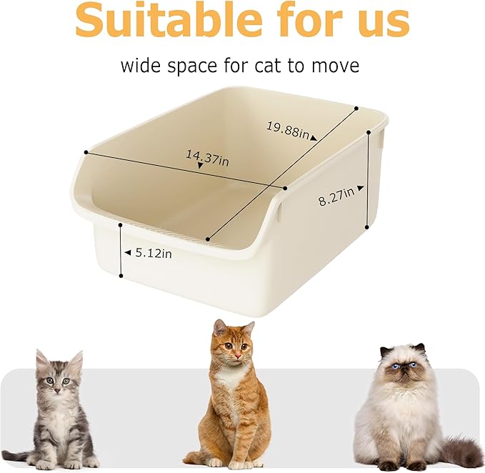 Large Cat Litter Box with High Side Cat Litter Pan Boxes for Indoor Cats Kitty Litter Box with Low Entry Open Top Entrance,Anti-Splashing (White)