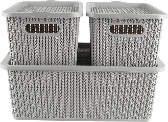 Onion and Potato Storage Bins,Stackable Plastic Pantry Bins with Lids,BPA-Free,Potatos and Onions Storage Baskets for Kitchen (Gray-3 Pack)