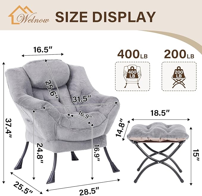 Welnow Lazy Chair with Ottoman, Modern Lounge Accent Chair with Armrests and a Side Pocket, Leisure Sofa Armchair, Reading Armchair with Footrest for Small Space, Plush Grey