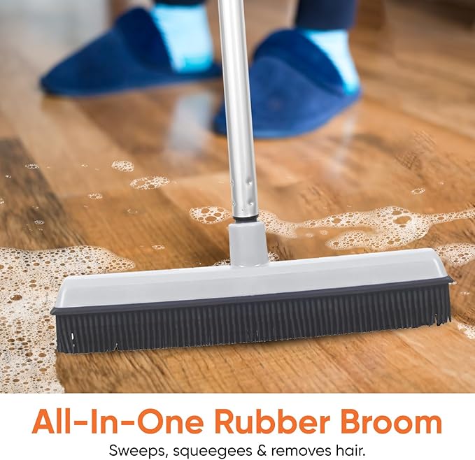 Rubber Bristle Broom for Hardwood Floors, Tiles, Carpets, Wood, and Vinyl, Salon Rubber Squeegee and Rug Rake for Human Hair, Pet Hair, Fur, and Lint, Grey, 2 Pack, by Superio