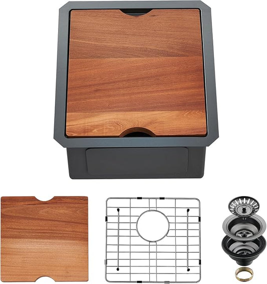 Undermount Kitchen Sink, 15 x 17 x 10 Inch Bar Sink 16 Gauge Gunmetal Black Stainless Steel Small Sink Kitchen Single Bowl Workstation Sink with Cutting Board
