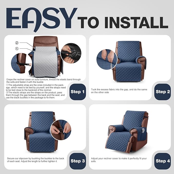 KinCam 100% Waterproof Recliner Chair Cover, Reclining Couch Covers for Pets, Dogs, Recliner Couch Slipcover Furniture Protector with Elastic Straps for Kids(30", Blue)