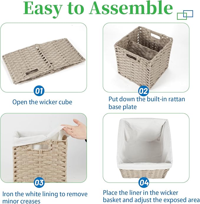 Bidtakay Wicker Baskets for Shelves Waterproof Imitation Wicker Cube Storage Bins with Liners for Organizing Closet Cabinet 2-Pack 11x11 inch Storage Cube Organizer for Pantry-Greyish Beige