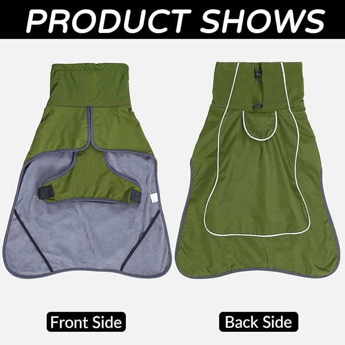 Dog Winter Raincoat, Waterproof Warm Jacket with Velvet Lining for Cold Weather, Windproof Insulated Rain Coat with Reflective Strips for Large Big Dog (Green, L)