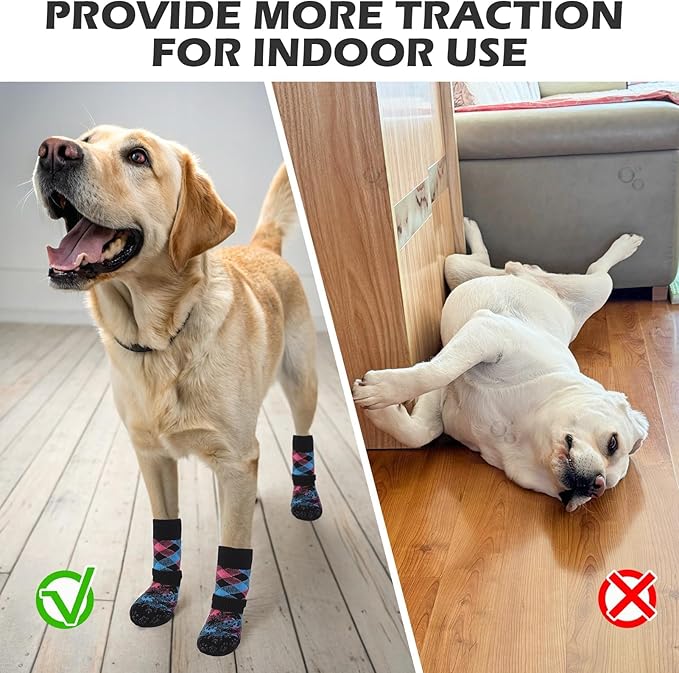 EXPAWLORER Dog Socks for Cold Winter Snow to Prevent Licking Paws, Anti Slip Doggie Booties Grippy Shoes for Hardwood Floors, Boots & Paw Protectors for Small Medium Large Senior Dogs Pink Blue L