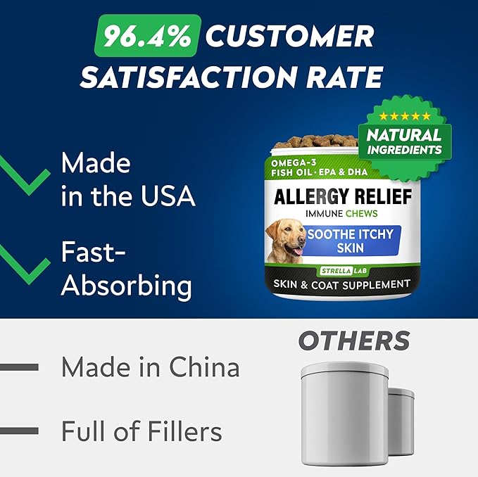 StrellaLab Dog Allergy Relief & Anti Itch Support Chews w/Omega 3: Real Ingredients, Real Taste! Skin & Coat Immune Supplement w/Fish Oil, Pumpkin & Enzymes — Developed by Experts - Made in USA -120Ct