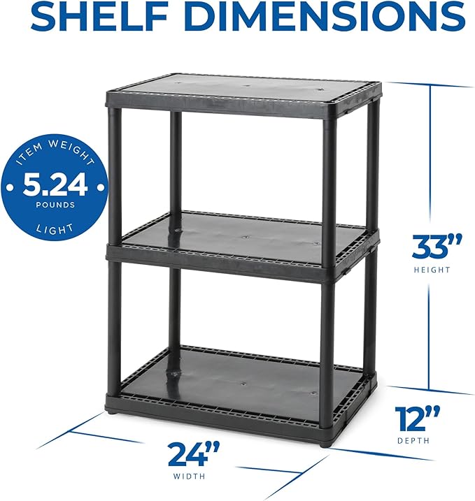 Gracious Living 33 Inch Heavy Duty 3-Shelf Light Duty Storage Shelf, Easy Assembly and Holds Up to 55 Pounds Per Shelf, Black