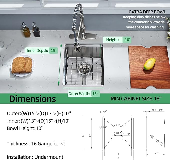 Undermount Kitchen Sink, 15 x 17 x 10 Inch Bar Sink 16 Gauge Stainless Steel Small Sink Kitchen Single Bowl Workstation Sink with Cutting Board