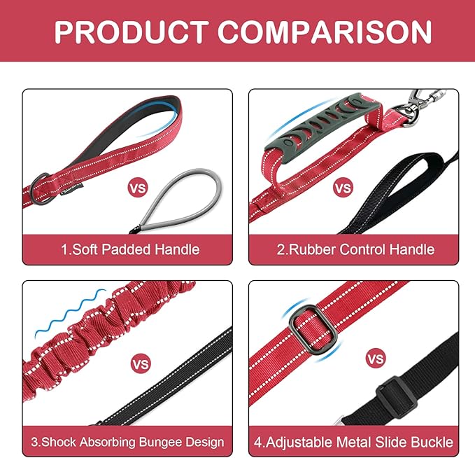 Tactical Dog Leash Heavy Duty, 4-6FT Shock Absorbing Bungee Dog Leash, Reflective Military Strong No Pull Dog Leash with 2 Padded Handle and Car Seatbelt for Medium Large Dogs, Red