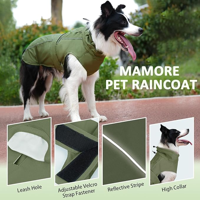 Waterproof Dog Raincoat, Adjustable Lightweight Dog Rain Jacket with Reflective Strip Leash Hole for Small Medium Large Dogs (Green, Large(22-37lb))
