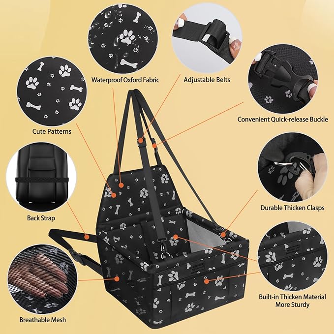 PetsHome Dog Car Seat Foldable Dog Car Booster Seat Waterproof Breathable Oxford Travel Bag for Small to Medium Dogs, Puppies, and Pets-Pattern Black+Mat