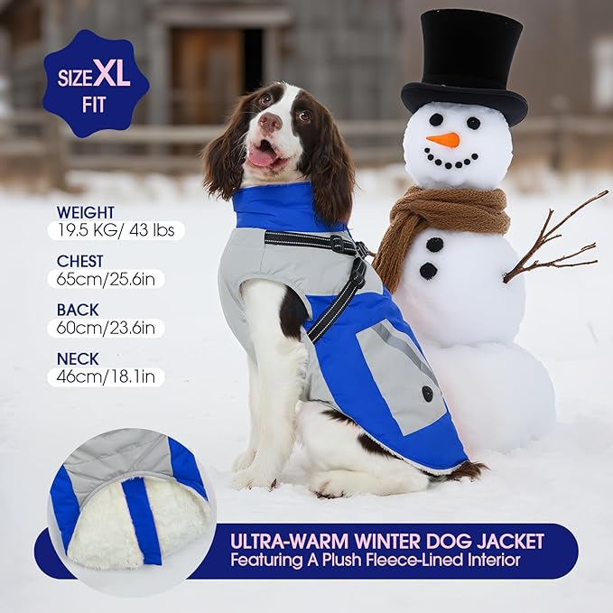 FUAMEY Dog Winter Jackets for Large Dogs,Dog Coat with Harness Built in,Waterproof Dogs Snowsuits Warm Pet Jacket Zip Up Fleece Cold Weather Coats Reflective Puppy Vest with Pocket Blue XL
