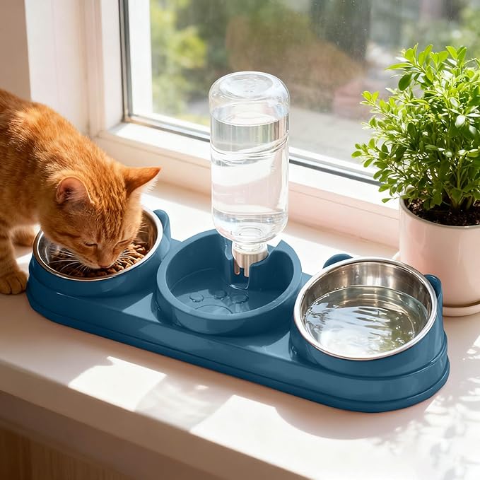 Elevated Cat Bowl Set, 15° Raised Cat Food and Water Bowl with Dispenser, Pet Dishes for Indoor Cats, Small Medium Dogs & Rabbit Feeding, Anti-Vomiting, Slow Feeder (Blue)