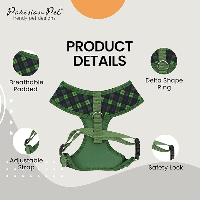 Parisian Pet Adjustable Plaid Green Dog Vest Harness - No Choke, Padded, No Pull - Small-Sized Dog - Cooling for Walking, Running, Hiking - Puppy