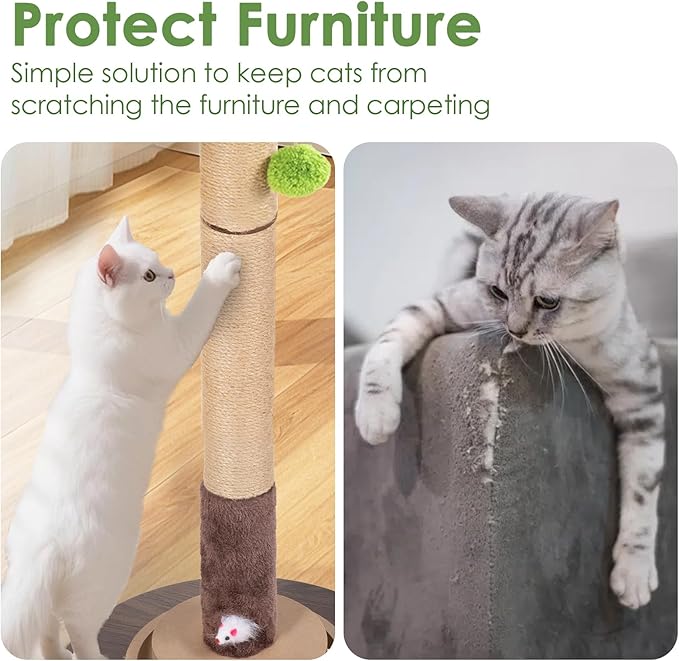 Cat Scratching Post, 35 Inch Tall Cat Scratcher Cat Tree Tower with Hanging Ball for Indoor Cats Adults,Monstera Sisal Rope Kitten Scratch with Interactive Mouse Cat Toy