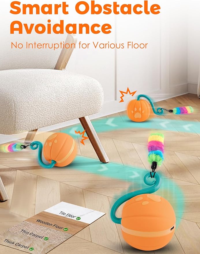 Interactive Cat Ball Toy for Bored Indoor Kitten, Automatic Moving Cat Ball with 4 Feather & LED Flash Lights, Smart Sound and Touch Control, USB-C Rechargeable
