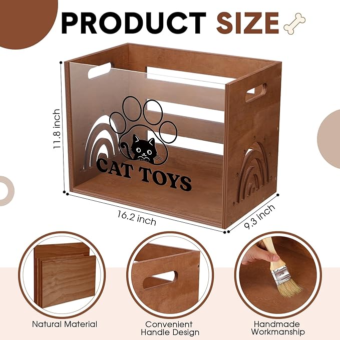 Large Cat Toy Basket Cat Toy Box Wooden Storage Bin with Acrylic Board Storage Box for Puppy Toys Pet Food and Accessories Organizer Holder Basket for Living Room Area(Brown, Cat)