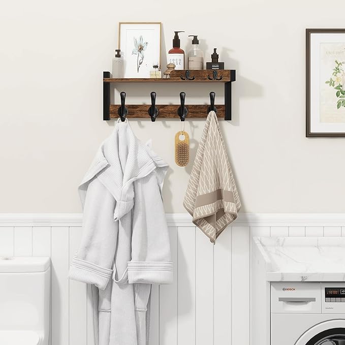 Homode Wall Mounted Coat Rack, Wood Floating Shelf with Key Holder and Mail Organizer, Entryway Wall Shelf with Hooks, Coat Hanger for Hanging Hat Towel Clothes Purse Backpack, Rustic Brown