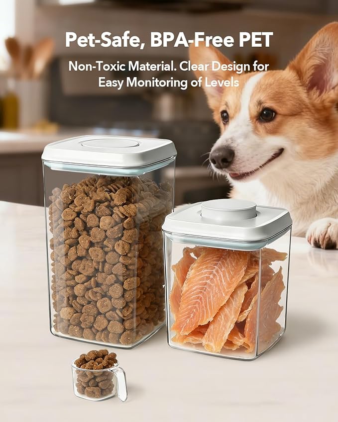 Dog Food Storage Container with One-Touch Lid, 4.22 QT / 4.0 L BPA-Free Cat Food Storage Container，Stackable Durable PET with 130ml Scoop, for Kibble, Treats, and Precise Feeding