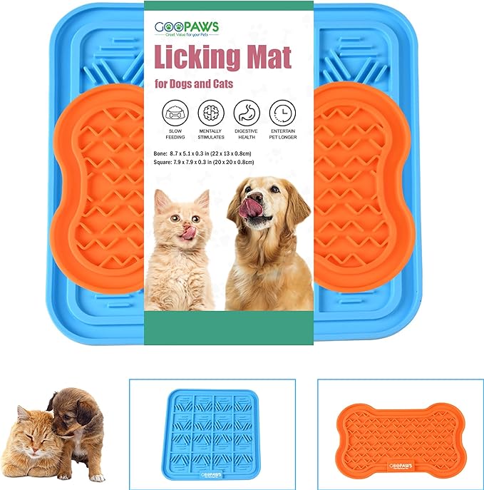 Licking Mat 2 Pack - Orange & Blue - Dog & Cat Slow Feeding Textured Pads, Food Grade Silicone, Spread Food & Treats, Pet Soothing Activity