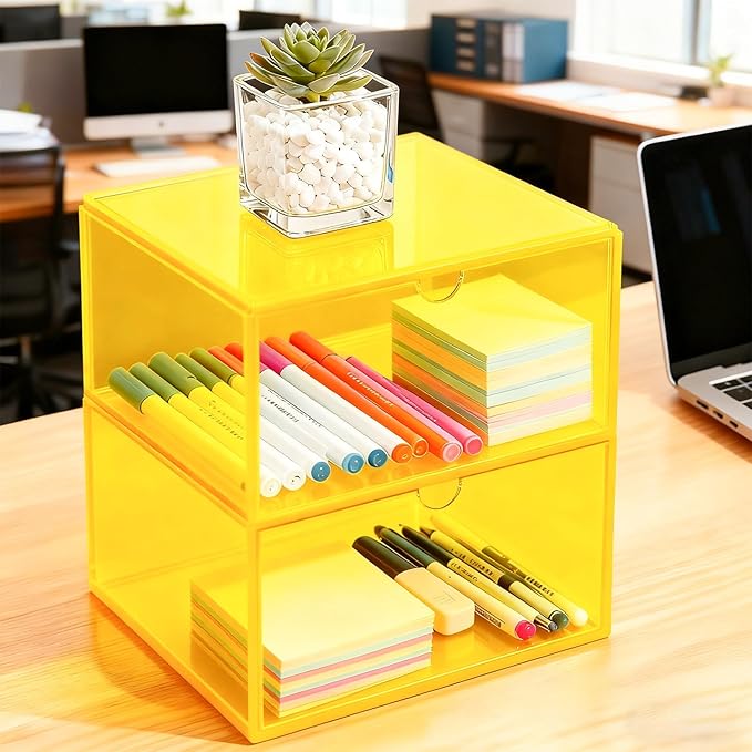 Acrylic Desk Organizer with Drawers Stackable Makeup Organizer for Vanity Office Countertop Cosmetic Display Cases Makeup Storage Box, Neon Yellow