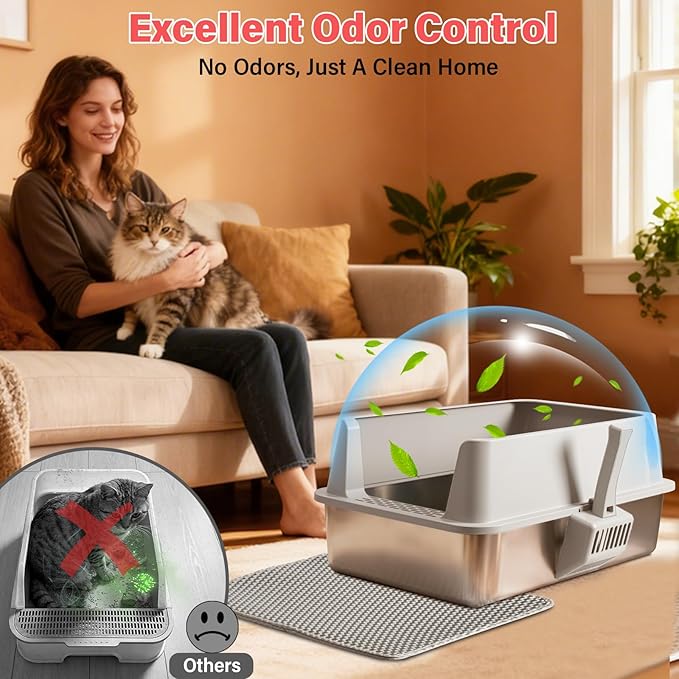 Stainless Steel Cat Litter Box with Lid, XL Metal Litter Box High Sided, Odor-Free/Anti-Urine Leakage & Non-Stick, Extra Large Litter Box with Mat & Scoop for Multiple/Big Cats, Easy Cleaning (Grey)