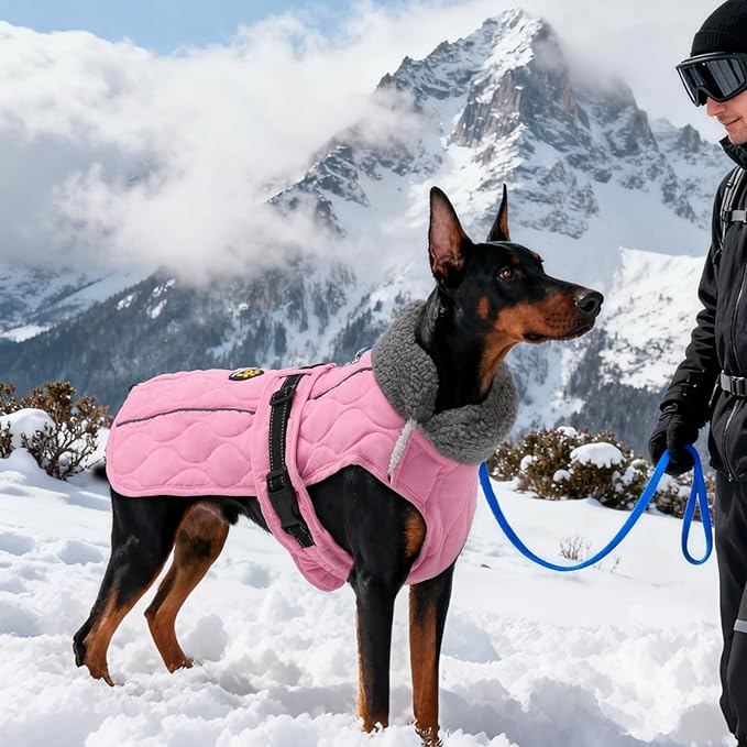 Dog Coats, Warm Puppy Apparel with Fleece Lining for Cold Weather, Windproof Medium Dog Winter Jacket, Reflective Dogs Snow Coat with Leash Hole and Adjustable Buckle, NewPink M