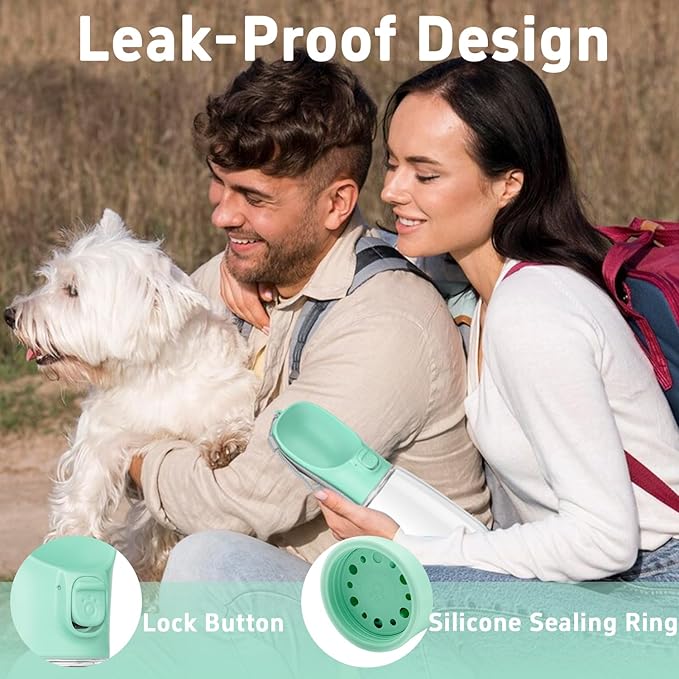 Portable Dog Water Bottle with Bowl, Leak Proof, Convenient for Walking, Hiking and Camping (Green, 19oz)