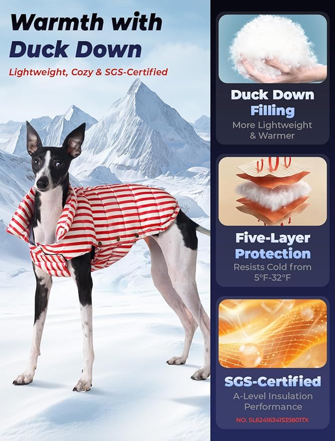SPACE LION Dog Puffer Jacket, Down Winter Coat, Durable Outdoor Coat for Cold and Windy Conditions, Waterproof, Lightweight Jacket, Adjustable Fit for Small, Medium, Large Dogs(RedStripe, Size20/XL)