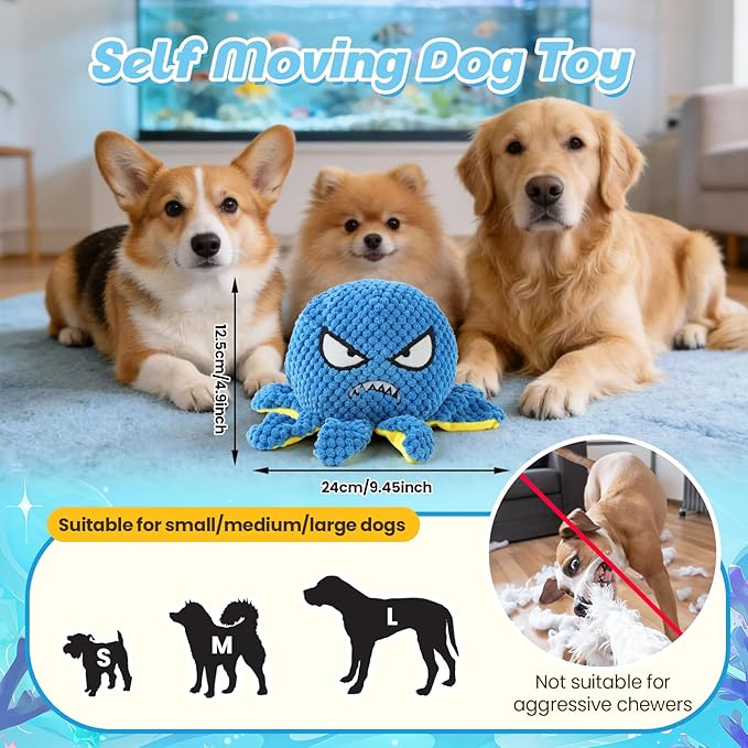 Interactive Dog Toys Octopus - Rechargeable Squeaky Dog Toy with 4 Modes Bouncing Ball, Music, Silent & Recording, Self Moving Plush Dog Toy for Small, Medium & Large Dogs to Keep Them Busy