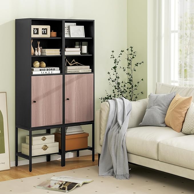 Tangkula Tall Bathroom Storage Cabinet with 1 Door and 4 Shelves, 57" H Narrow Floor Cabinet with Adjustable Shelves, Tall Slim Bathroom Cabinet for Living Room, Entryway, Kitchen (Black)