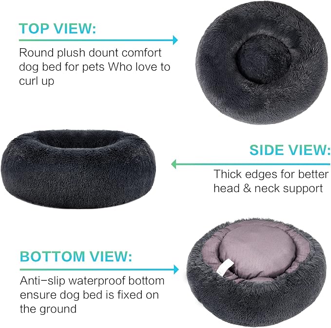 SAVFOX 30 inches Calming Donut Dog Bed - 3X Durable Plush Faux Fur, Machine Washable & Non-Slip, Fits up to 45 lbs, Dark Grey