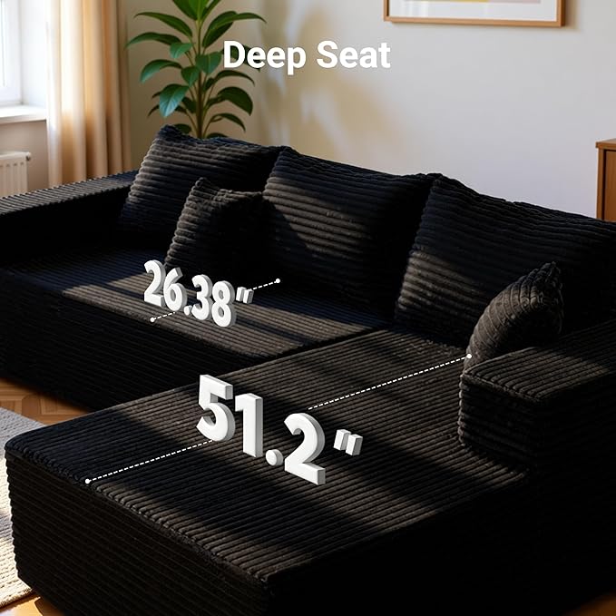 Claiks Boneless Couch, Cloud Couch Sectional, L-Shape Corduroy Modular Sectional Sofa Deep Seat, Upholstered Couches for Living Room, No Assembly Required, Black, Right Facing Chaise