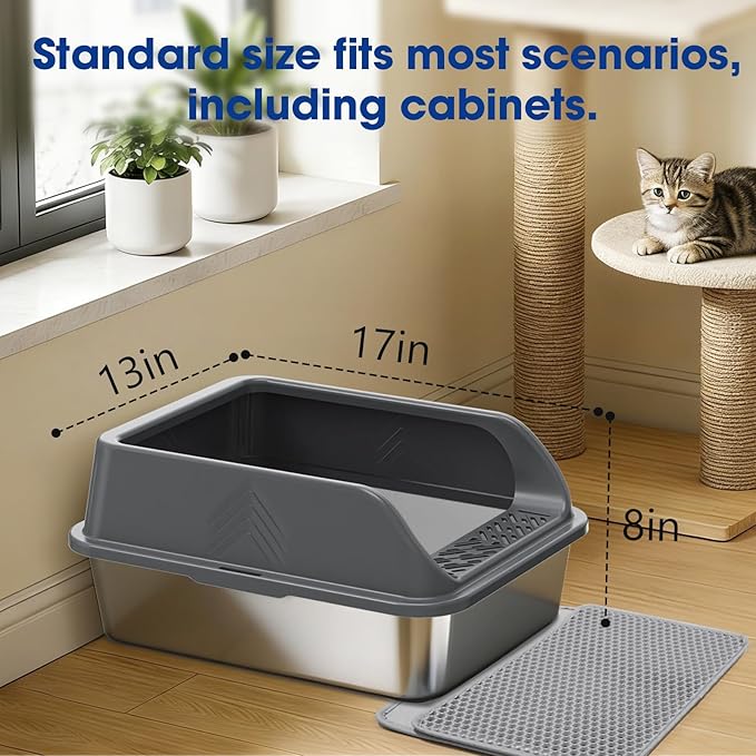 Small Stainless Steel Litter Box with Lid for Kitten, Metal Cat Litter Boxes High Sided Enclosed for Injured Cats and Rabbit, Anti-Urine Leakage | Non-Stick Bottom & Includes Scoop