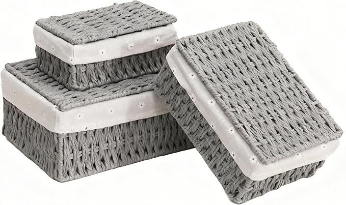 Wicker Shelf Basket with Lid Paper Storage Baskets for Shelves Medium Storage Bin with Removable Liner Nesting Decorative Woven Basket for Makeup Closet Organizer (Medium, Grey)