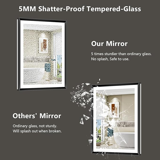 28x36 Black Framed LED Bathroom Mirror with Lights, Backlit and Front Light, Lighted Bathroom Vanity Mirror for Wall Dimmable Anti-Fog Memory Tempered Glass Horizontal/Vertical