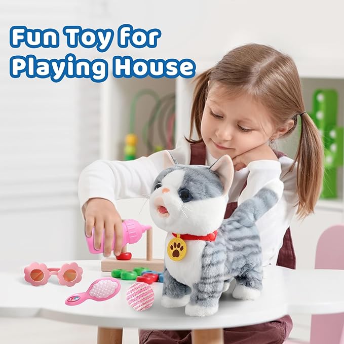 Gray Walking Cat Set Interactive Toy Cat for Girl Repeat What You Say Toy Kitten Talking Singing Dancing Touch Control Robot for Kid with Leash Wagging Tail Nodding Plush Electric Kitty